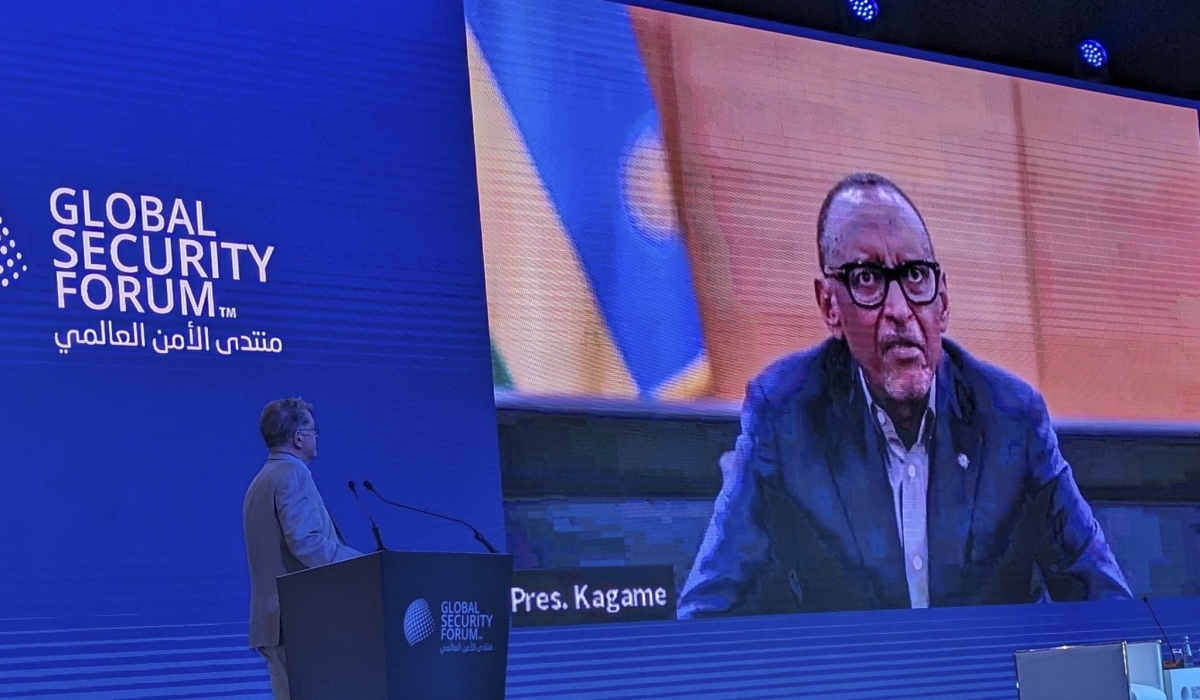 President Paul Kagame virtually addresses delegates during the 2024 Global Security Forum taking place in Doha, Qatar on Tuesday, May 21. Courtesy