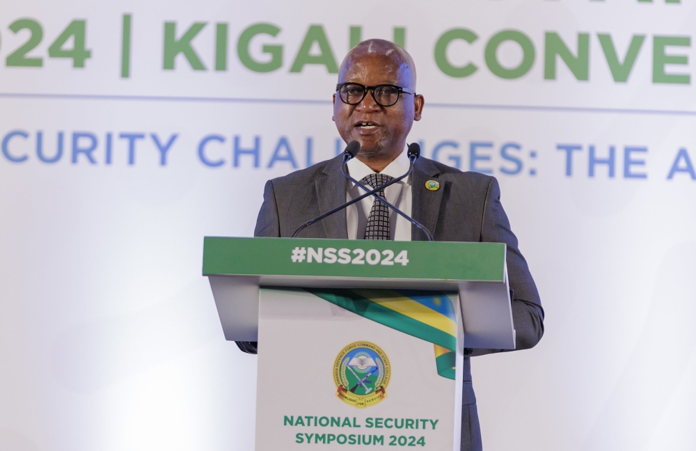 Minister of Defence Juvenal Marizamunda delivers his remarks as he opened the 11th National Security Symposium, jointly organised by Rwanda Defence Force Command and Staff College (RDFCSC) and the University of Rwanda (UR), in Kigali, on Wednesday, May 22.