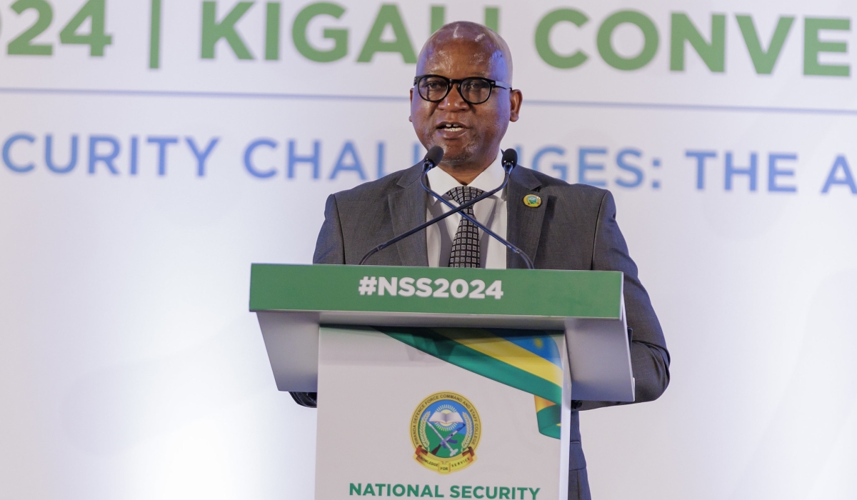 Minister of Defence Juvenal Marizamunda delivers his remarks as he opened the 11th National Security Symposium, jointly organised by Rwanda Defence Force Command and Staff College (RDFCSC) and the University of Rwanda (UR), in Kigali, on Wednesday, May 22.