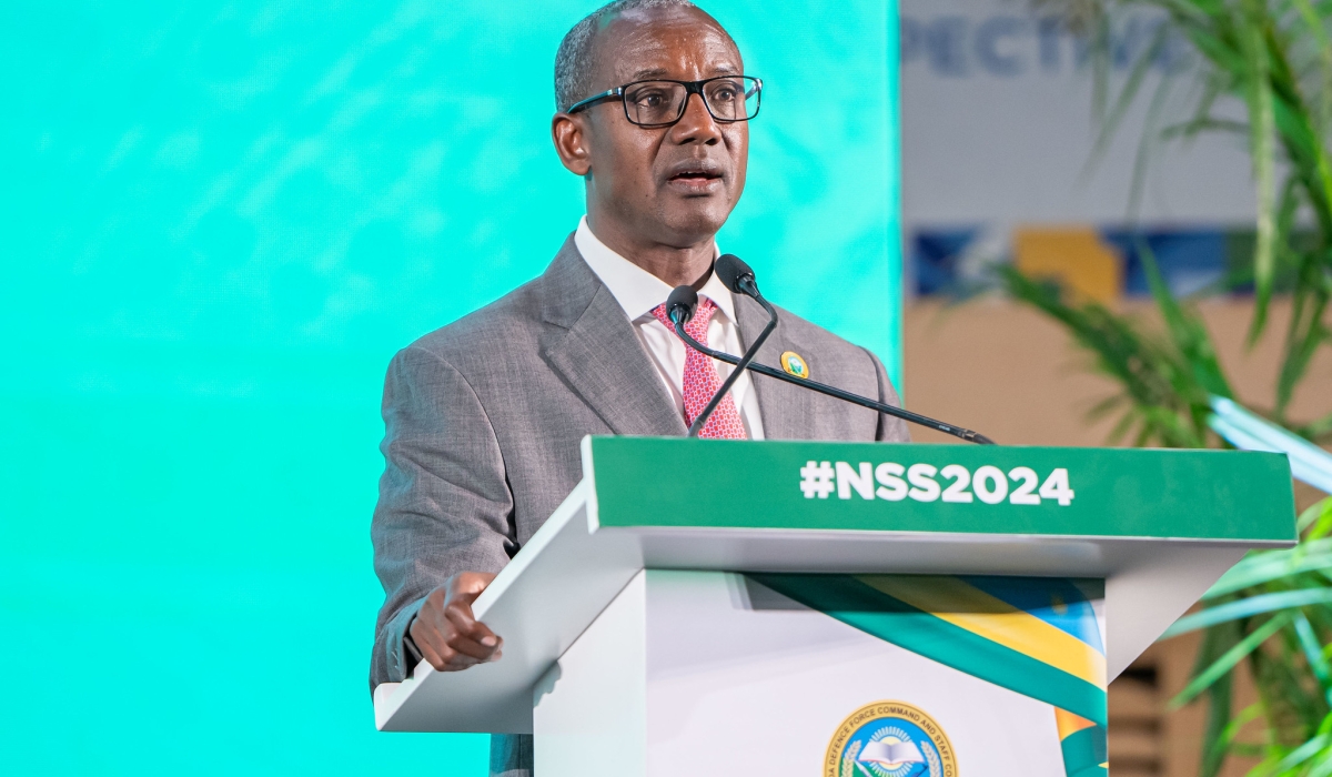 The Secretary General of Rwanda’s National Intelligence and Security Services (NISS), Maj Gen Joseph Nzabamwita delivers his remarks during the National Security Symposium in Kigali on May 22. Courtesy