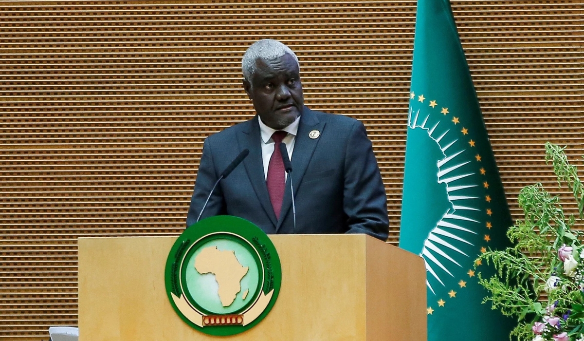 The Chairperson of the African Union Commission, Moussa Faki Mahamat addresses members of the AU in Ethiopia. Courtesy