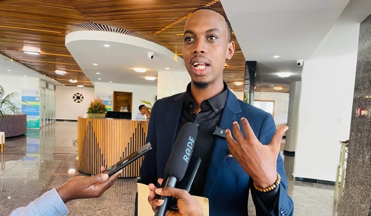 Samson Mucyo, widely known as Sam Zuby,  a renowned actor and comedian speaks to journalists after submitting his candidature for the July parliamentary elections, on May 23. Courtesy