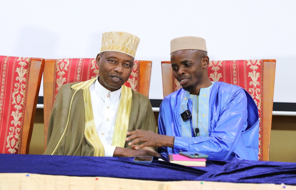 The outgoing Mufti of Rwanda Sheikh Salim Hitimana, who has served in the role since 2016, and the newly elected Mufti of Rwanda Sheikh Musa Sindayigaya during the event. Craish Bahizi