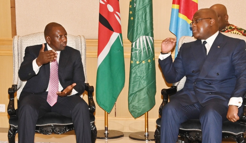 Kenya’s President William Ruto meets with his Congolese counterpart Felix Tshisekedi in Kinshasa on Monday, November 21, 2022. Courtesy