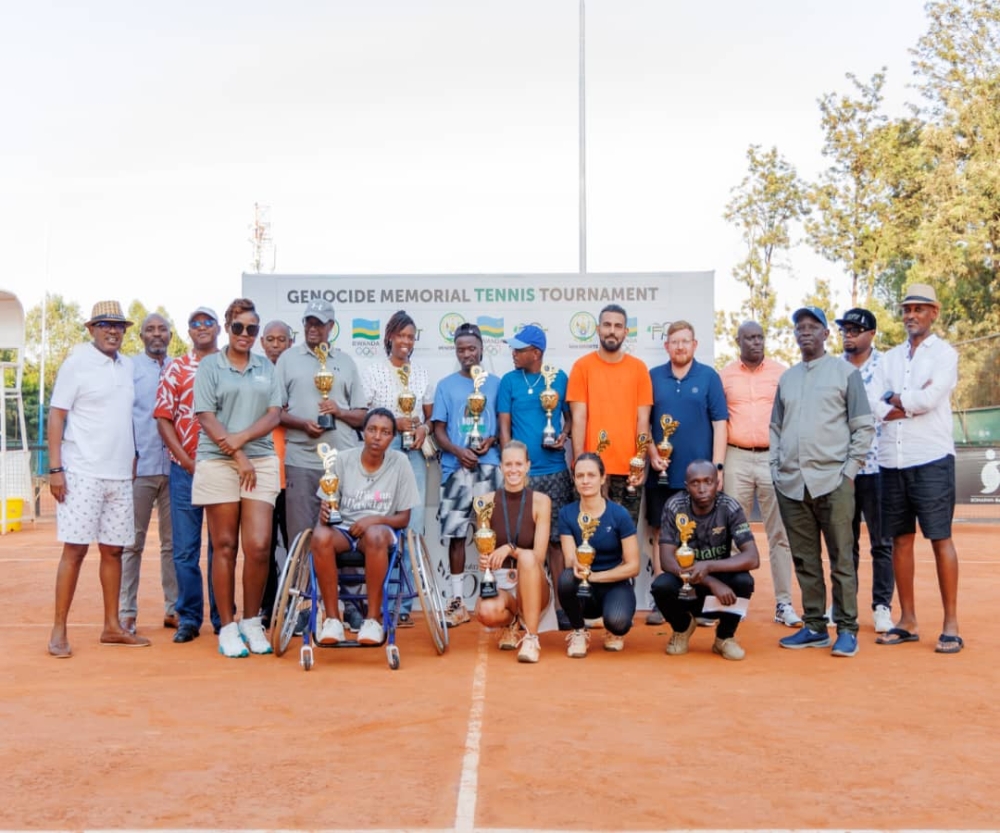 Officials and winners of the 2024 men and women’s Tennis Genocide Memorial Tournament  pose for a group photo at IPRC-Kigali Ecology tennis courts on Sunday, May 26. Courtesy