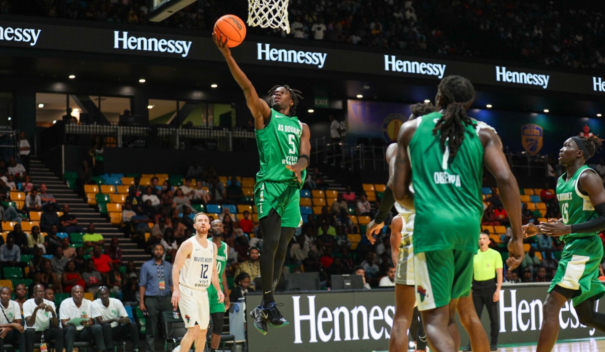 AS Dounes&#039; Jean Jacques Boissy jumps to score during his side&#039;s 63-57 win over Rivers Hoopers in Saturday night&#039;s classification round game at BK Arena-Dan Gatsinzi