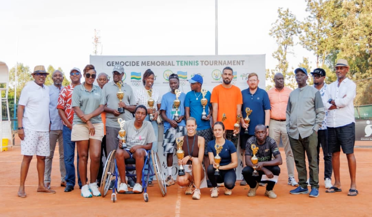 Officials and winners of the 2024 men and women’s Tennis Genocide Memorial Tournament  pose for a group photo at IPRC-Kigali Ecology tennis courts on Sunday, May 26. Courtesy