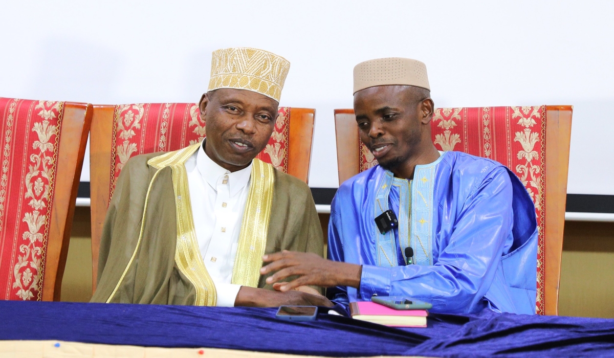 The outgoing Mufti of Rwanda Sheikh Salim Hitimana (L) and his successor Sheikh Musa Sindayigaya during the election in Kigali on Sunday, May 26. Addressing Rwanda Muslim Community at the event Sheikh Sindayigaya pledged more development projects to pave the way for self-reliance. Photos by Craish Bahizi