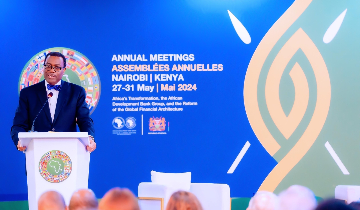 Akinwumi Adesina, the President of the African Development Bank (AfDB) addresses delegates during a media briefing,at the start of the five-day AfDB Annual Meeting, in Nairobi, Kenya  on May 27. Courtesy