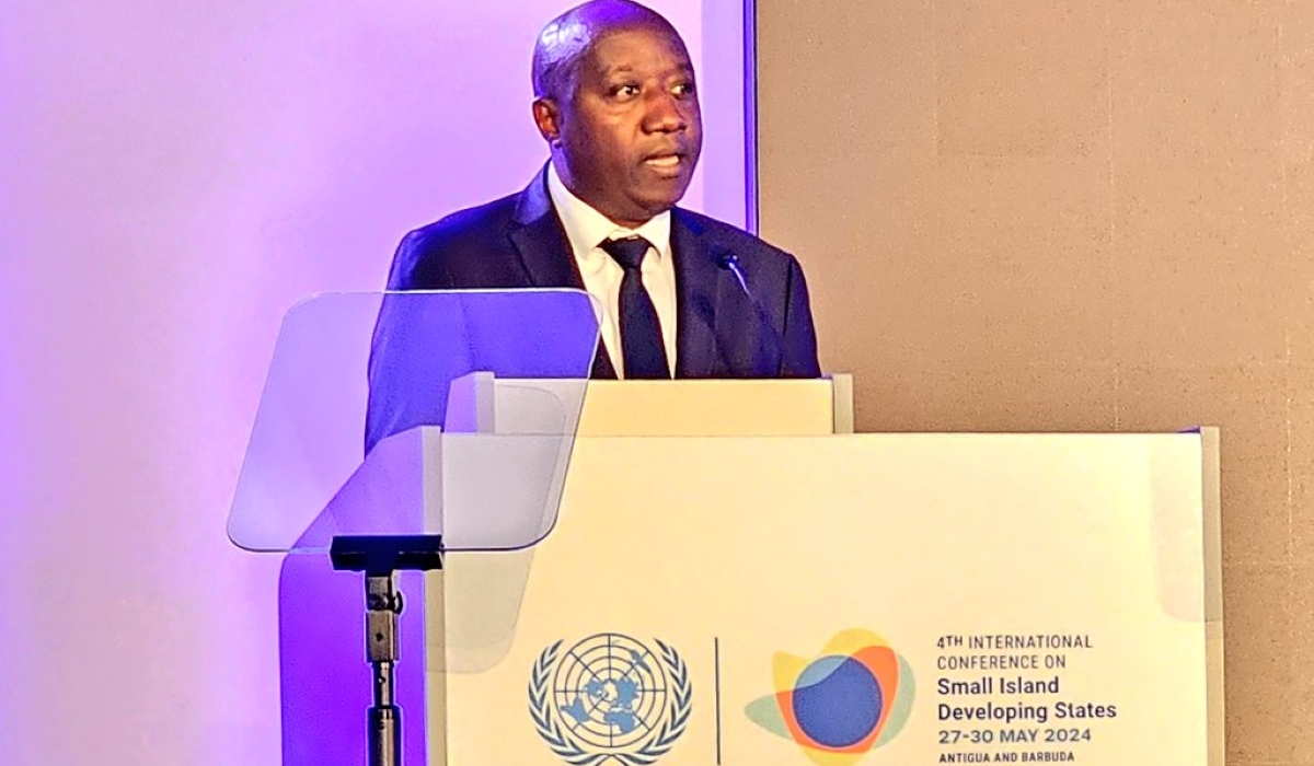 Prime Minister Edouard Ngirente delivers remarks at the opening ceremony of the 4th Small Islands Developing State Conference in Antigua and Barbuda on May 27. Courtesy