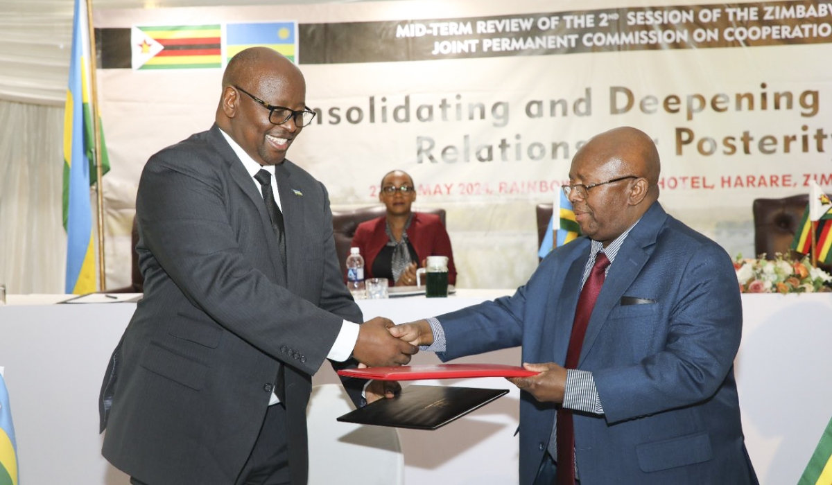 Amb James Musoni and Pearson Chigiji, Zimbabwe&#039;s Chief Director for Political Affairs in the foreign affairs ministry at a two-day mid-term session of the Zimbabwe-Rwanda Joint Permanent Commission on Cooperation.