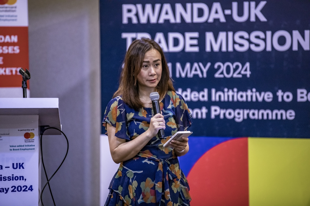 Dr. Michelle Kristy, Programme Management Officer at International Trade Center (ITC) moderates a panel discussion during the Rwanda-UK Trade Mission in Kigali on Tuesday, May 28.