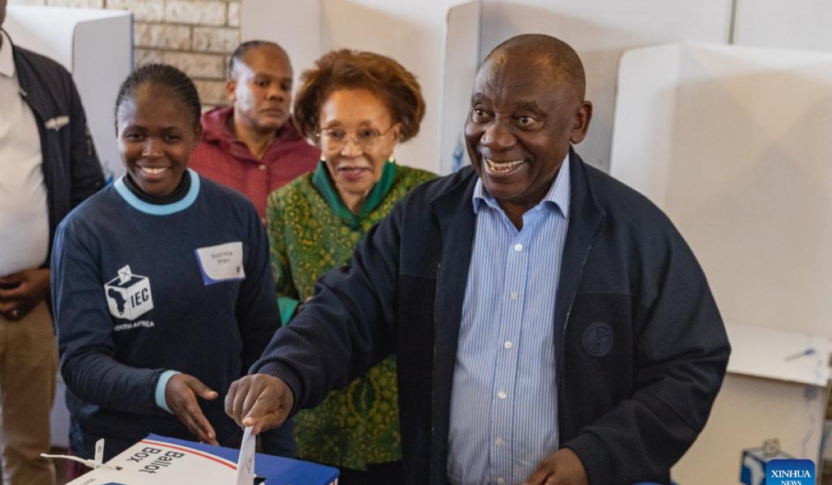 South African President Cyril Ramaphosa casts his ballot at a polling station in Soweto in Johannesburg, South Africa, on May 29, 2024. South Africans began to cast their ballots on Wednesday morning in the country&#039;s 2024 general elections. (Xinhua/Zhang Yudong)