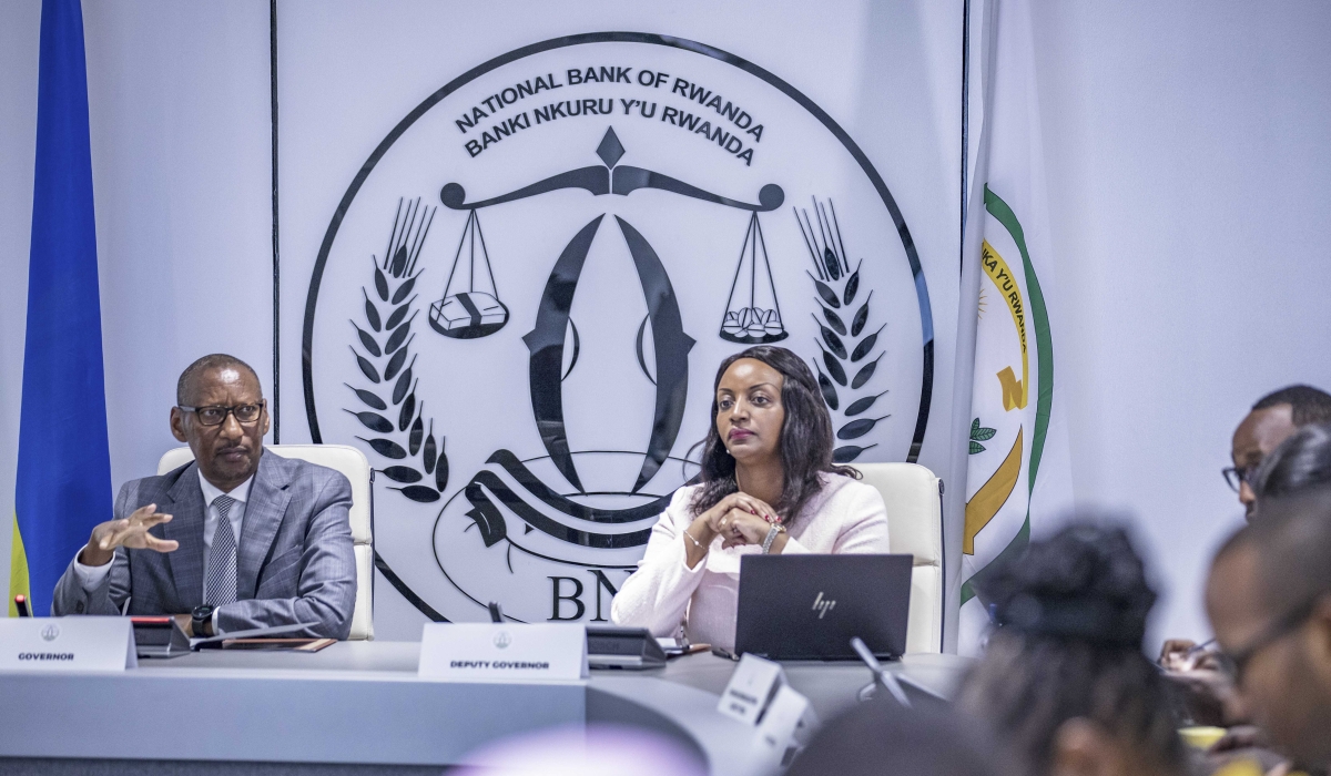 Central Bank Governor John Rwangombwa, and Deputy Governor Soraya Hakuziyaremye address journalists on Wednesday, May 29. Photos by Emmanuel Dushimimana