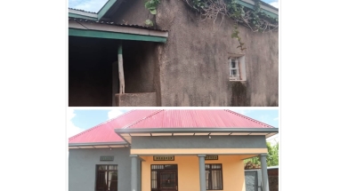 A picture showing Bernadette Mukamihigo&#039;s home before and after. Over 900 housing units have been built to provide shelter for the survivors in Rulindo but there is still a need to bridge the gap of over 700 housing units