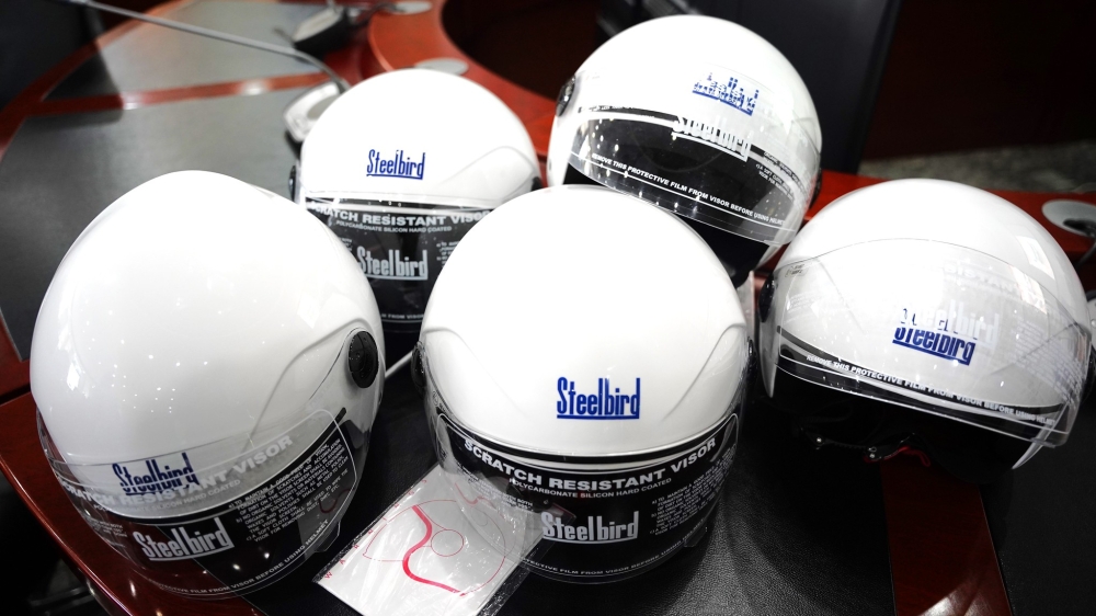 Some of the new taxi-moto helmets that will be distributed to taxi moto riders in Kigali for their safety. Photo by Emmanuel Dushimimana