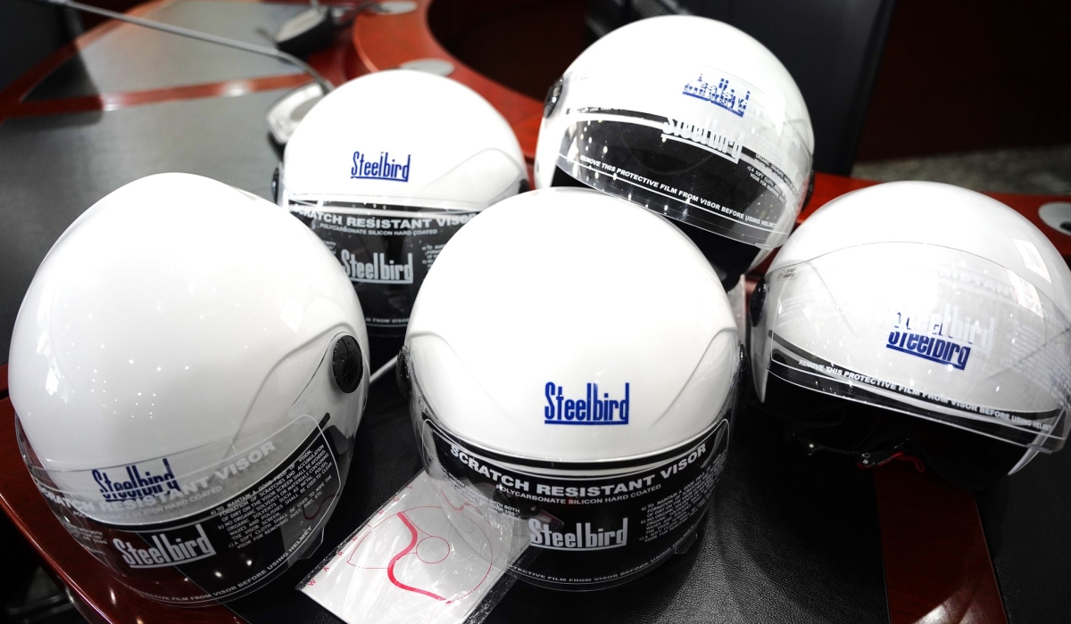 Some of the new taxi-moto helmets that will be distributed to taxi moto riders in Kigali for their safety. Photo by Emmanuel Dushimimana