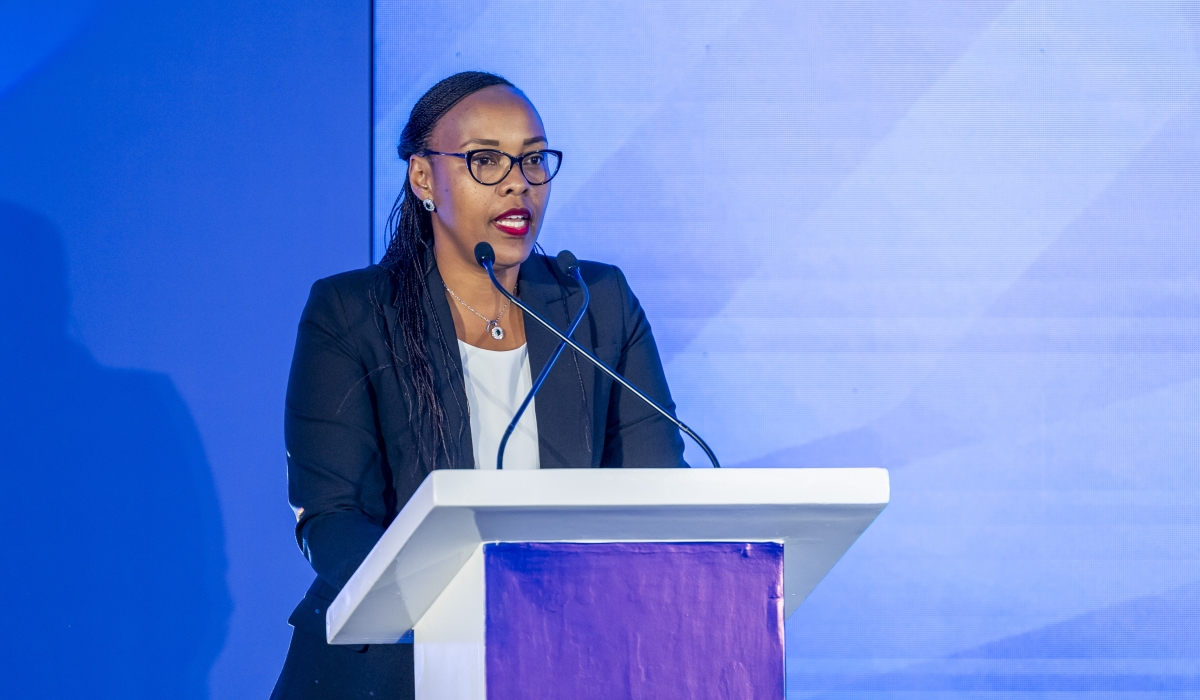 Sports minister Aurore Munyangaju speaking at the third BAL Innovation Summit on Thursday, May 30 in Kigali. Photo by Olivier Mugwiza