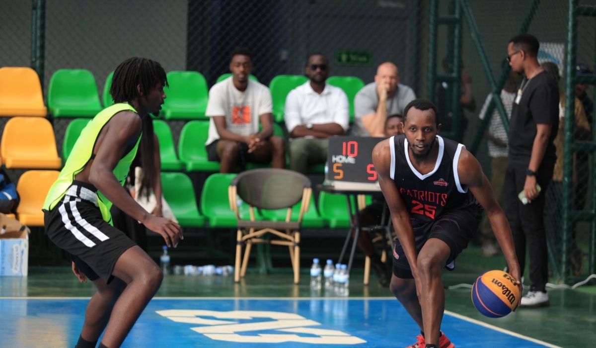 Patriots&#039; Steven Hagumintwari with a ball during Friday&#039;s 3x3 basketball clinic game at Kigali Universe. The clinic was organised by RwandAir in partnership with BAL-courtesy