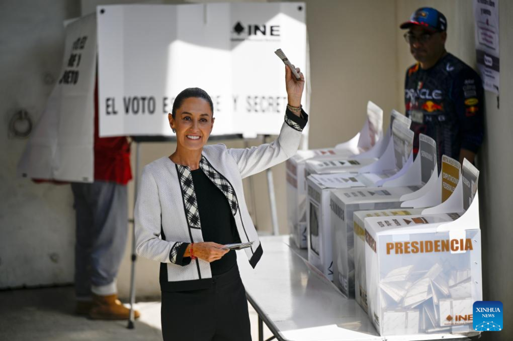 Claudia Sheinbaum, presidential candidate for Morena Party, prepares to vote at a polling station in San Andres Totoltepec, in Mexico City, Mexico, on June 2, 2024. (Xinhua/Li Muzi)