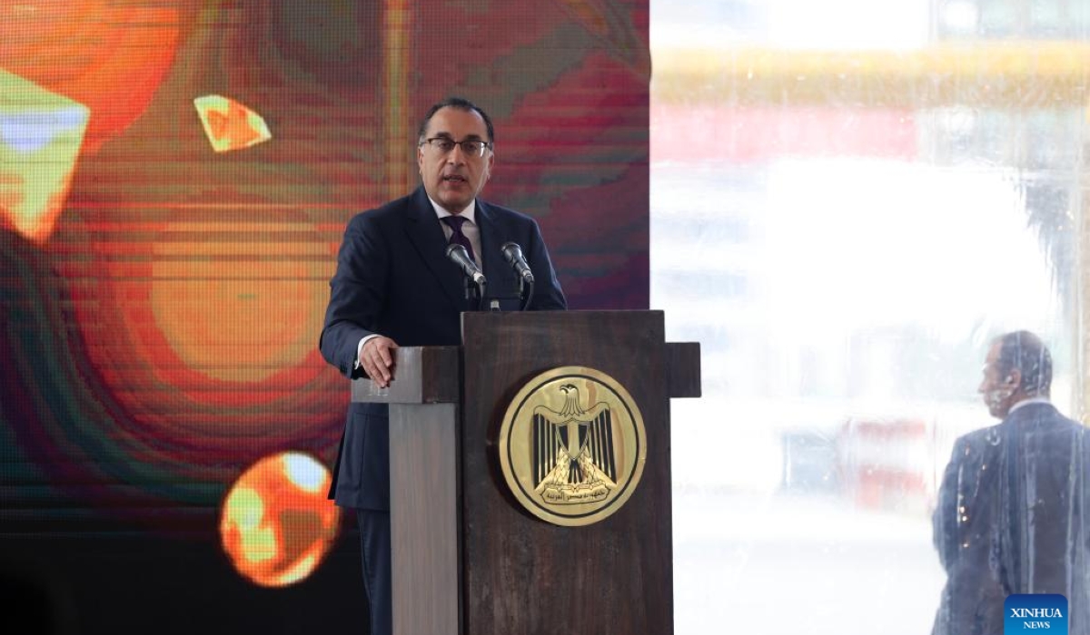 This file photo taken on Jan. 14, 2024 shows Egyptian Prime Minister Mostafa Madbouly speaking at a delivering ceremony of the office building of the Central Business District (CBD) project in the new administrative capital, east of Cairo, Egypt. (Photo by Li Binghong/Xinhua)