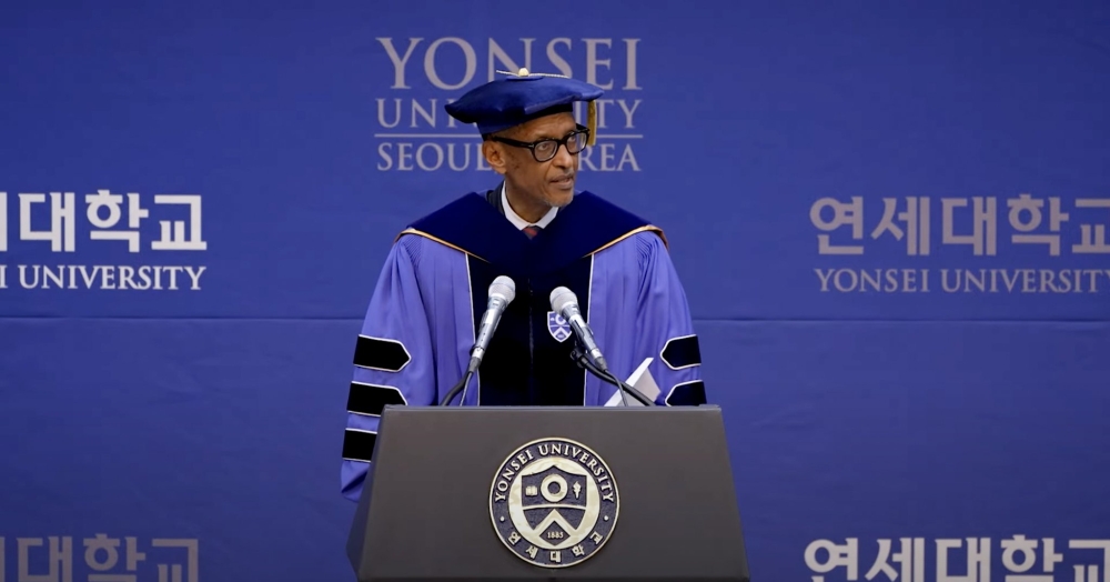 President Paul Kagame delivers remarks during the event in which he was presented with an Honorary Doctorate in public policy and management by Yonsei University, in  South Korea, on Wednesday, June 5.