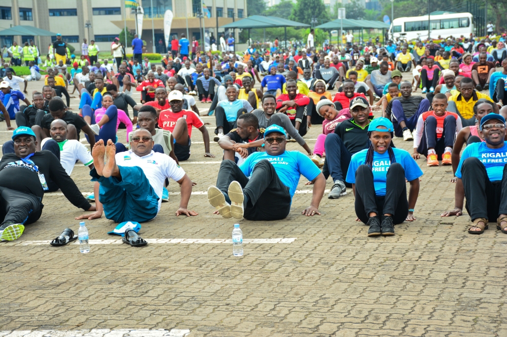 Kigali residents during mass sports at Kigali Car free day.