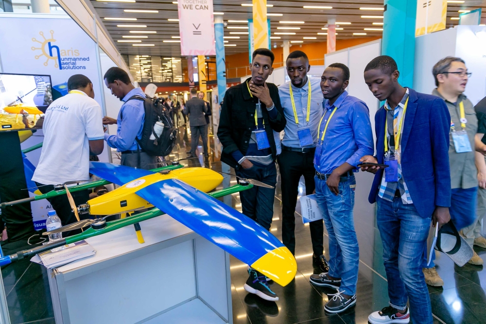 Visitors during a tour of an exhibition during Africa Drone Forum in Kigali on February 5, 2020. Photo by Sam Ngendahimana