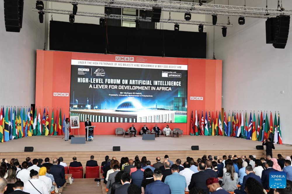 Photo taken on June 3, 2024 shows the first African high-level forum on Artificial Intelligence (AI) at the Mohammed VI Polytechnic University of Morocco in Sale, Morocco. The first African high-level forum on Artificial Intelligence (AI) wrapped on Wednesday in Sale, northwestern Morocco, with reaching the "Rabat Consensus" on AI application in Africa. (Xinhua/Huo Jing)