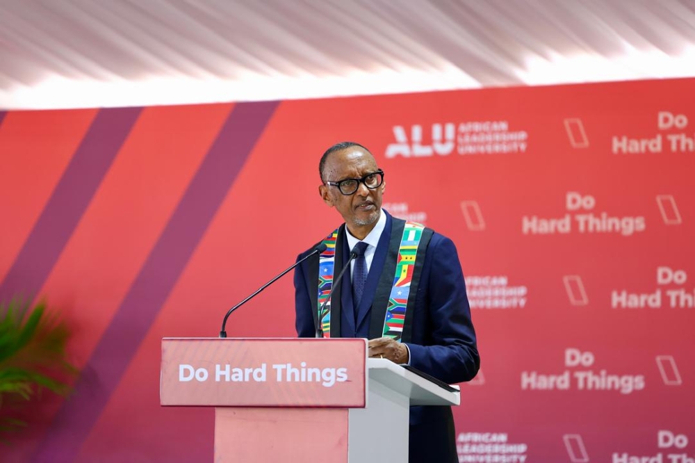Kagame, who was honoured by ALU with the Award of Merit for Exemplary Entrepreneurial Leadership, speaks at the gradution ceremony at the ALU campus at Masoro, Kigali, on Friday, June 7.