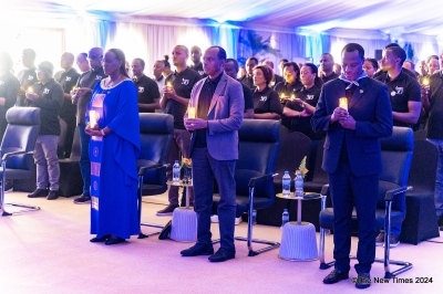 Rwanda Development Board, Rwanda Convention Bureau, and Rwanda Housing Authority staff observe a moment of silence to pay tribute to the victims of the 1994 Genocide against the Tutsi. Photos by Craish Bahizi