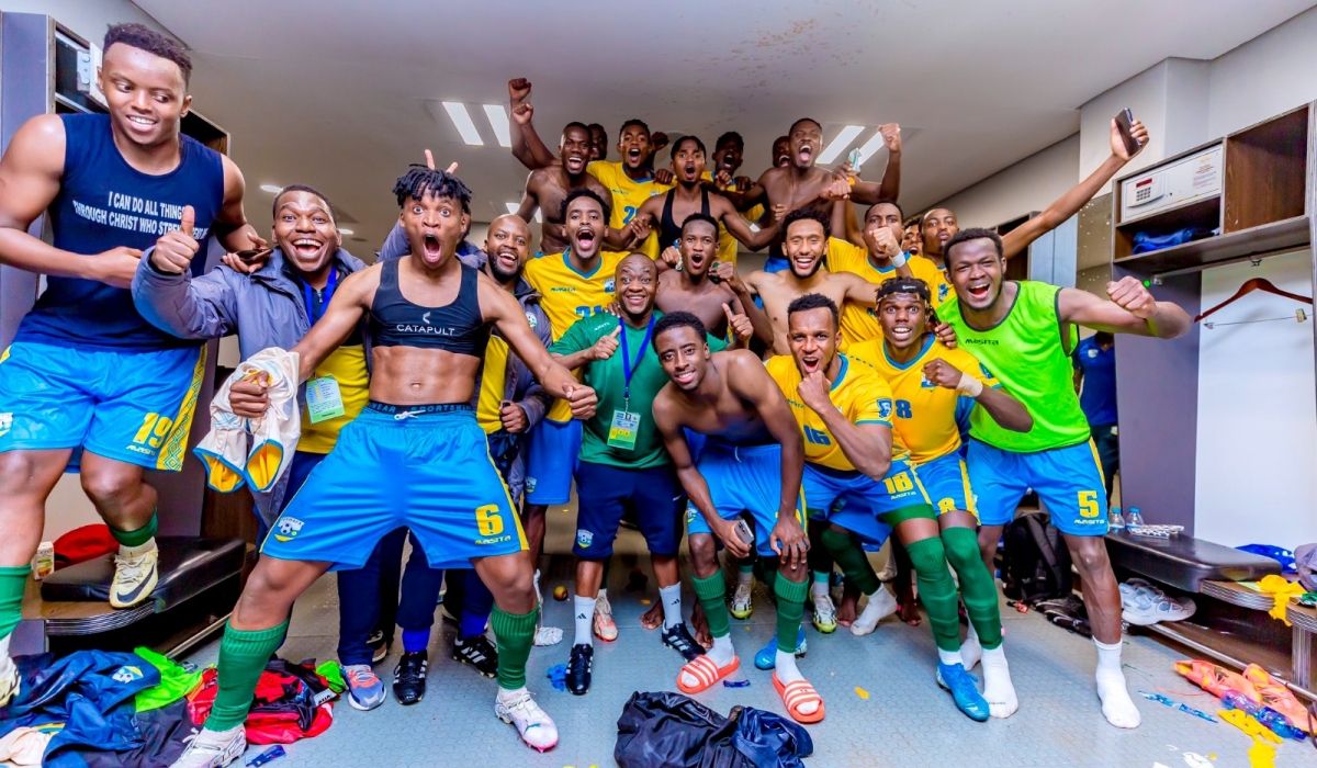 National football team players and staff celebrate in the dressing room following a 1-0 win over Lesotho at Moses Mabhida Stadium in Durban, South Africa, on Tuesday, June 11