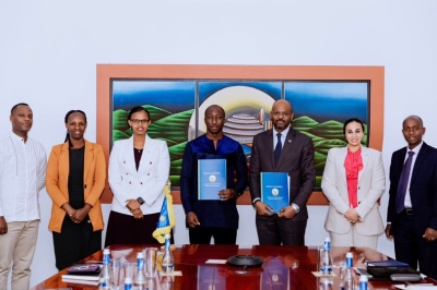 Thierno Habib Hann Director General of  Shelter Afrique Development Bank meets with Minister of Infrastructure Jimmy Gasore in Kigali in April. Courtesy