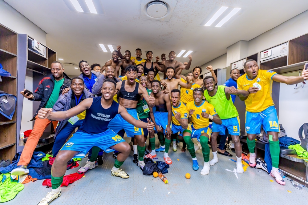 National football team players and staff celebrate a 1-0 win against Lesotho at Moses Mabhida Stadium in Durban, South Africa on Tuesday, June 11. Courtesy