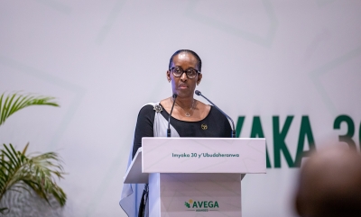 First Lady Jeannette Kagame praised the resilience of Genocide widows during the event organised by AVEGA-Agahozo on Friday, June 14 at Kigali Convention Centre. Photo by Dan Kwizera.