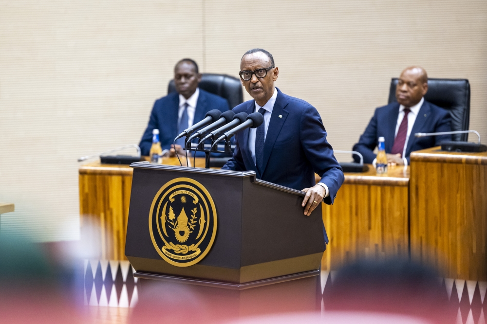 President Paul Kagame speaks during the swearing-in ceremony of the newly appointed government official, and dissolution of the Chamber of Deputies at parliament in Kigali  on June 14, Photo by Oliver Mugwiza