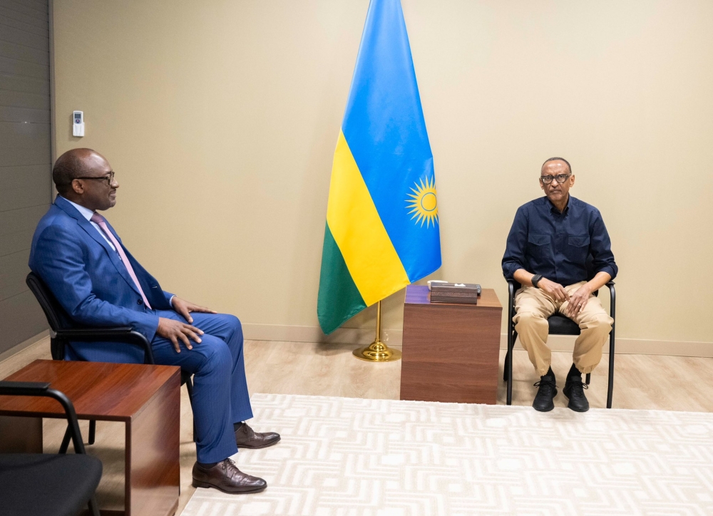 President Paul Kagame meets Richard Mihigo, who is one of the five candidates vying for the position of regional director for the World Health Organization African Region  on Saturday, June 15. Photo by Village Urugwiro