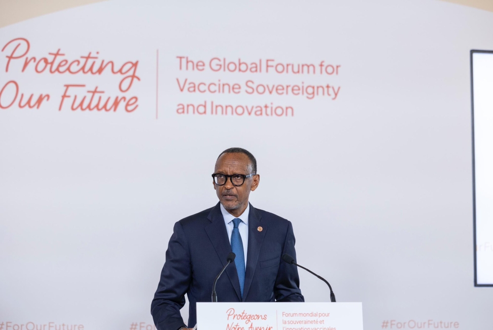 President Paul Kagame delivers remarks during the Global Forum for Vaccine Sovereignty and Innovation in Paris on Thursday, June 20. Village Urugwiro