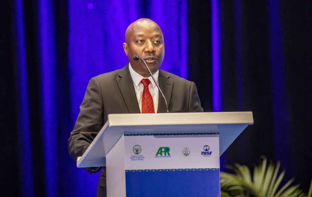 Prime Minister Edouard Ngirente delivers remarks during the launch of the Finscope Survey 2024, a study that assesses how financially Rwandans are included, in Kigali on June 20. All photos by Emmanuel Dushimimana