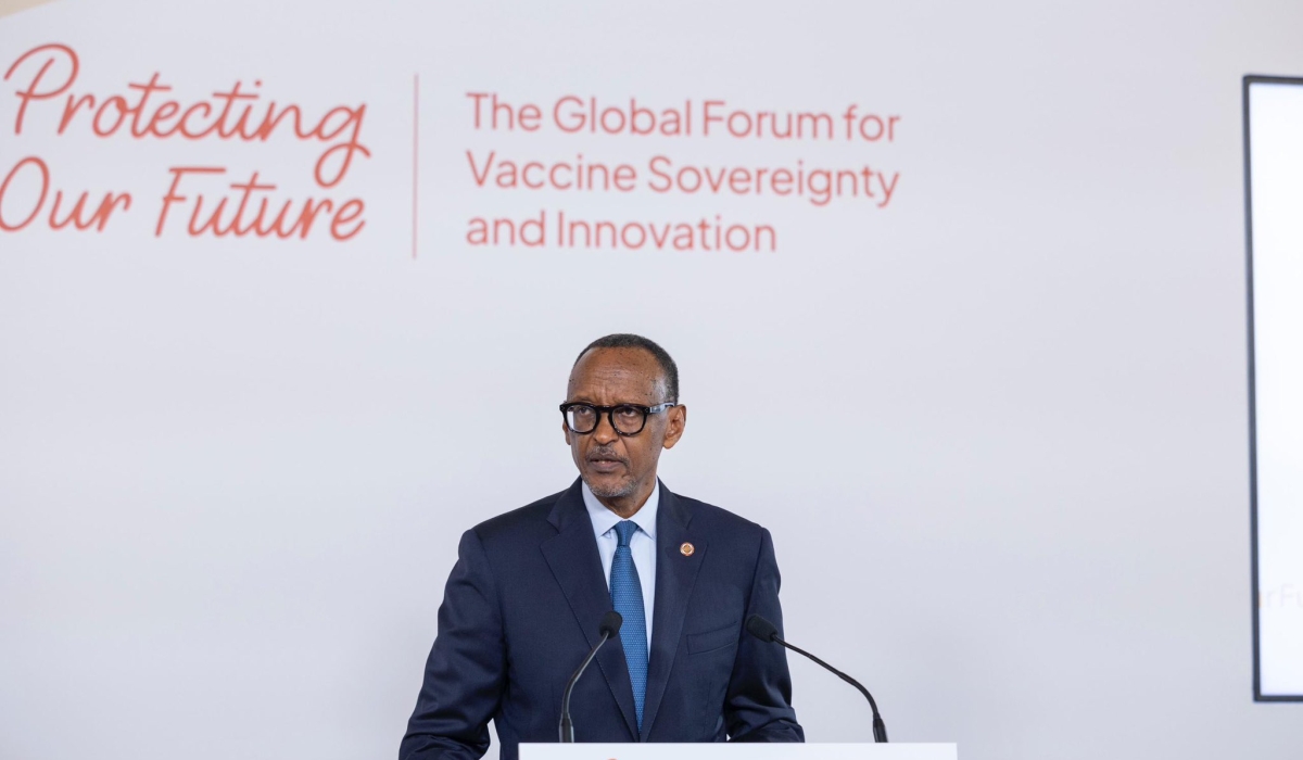 President Paul Kagame delivers remarks during the Global Forum for Vaccine Sovereignty and Innovation in Paris on Thursday, June 20. Village Urugwiro