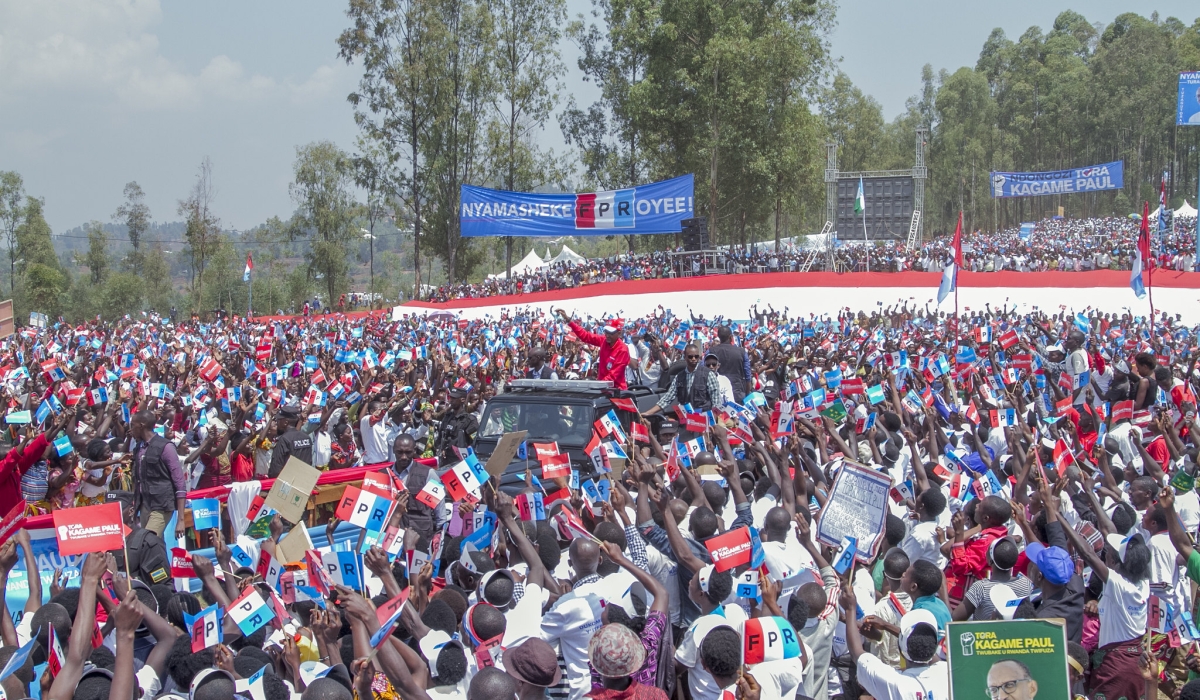 RPF Inkotanyi flag-bearer Paul Kagame during the campaign in Nyamasheke District in 2017. Political parties and independent candidates in different categories on Saturday, June 22 started a three-week long campaign trail. File