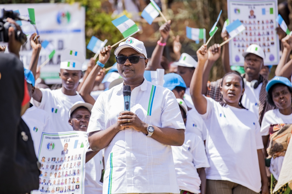 Jean Chrysostome Ngabitsinze, the party secretary general  addresses PSD members during  their campaign in the Gacurambwenge sector of Kamonyi district on Sunday, June 23. Emmanuel Dushimamana