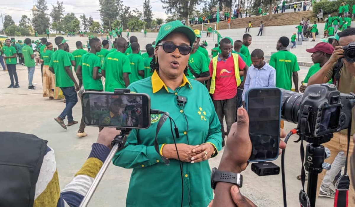 Donatille Mukabalisa, President of the Liberal Party (PL), speaks to journalists during the launch of parliamentary election campaign at Kigali Pelé Stadium on Sunday, June 23. Photo by Michel Nkurunziza