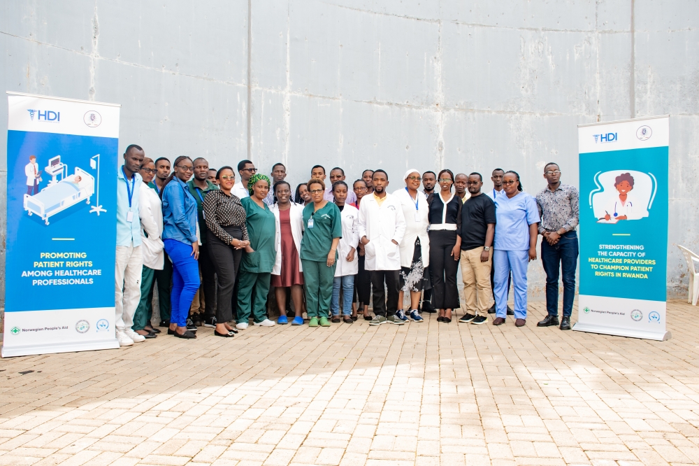 Some of the participants in the training on patient rights gather for a group photo at one of the hospitals.