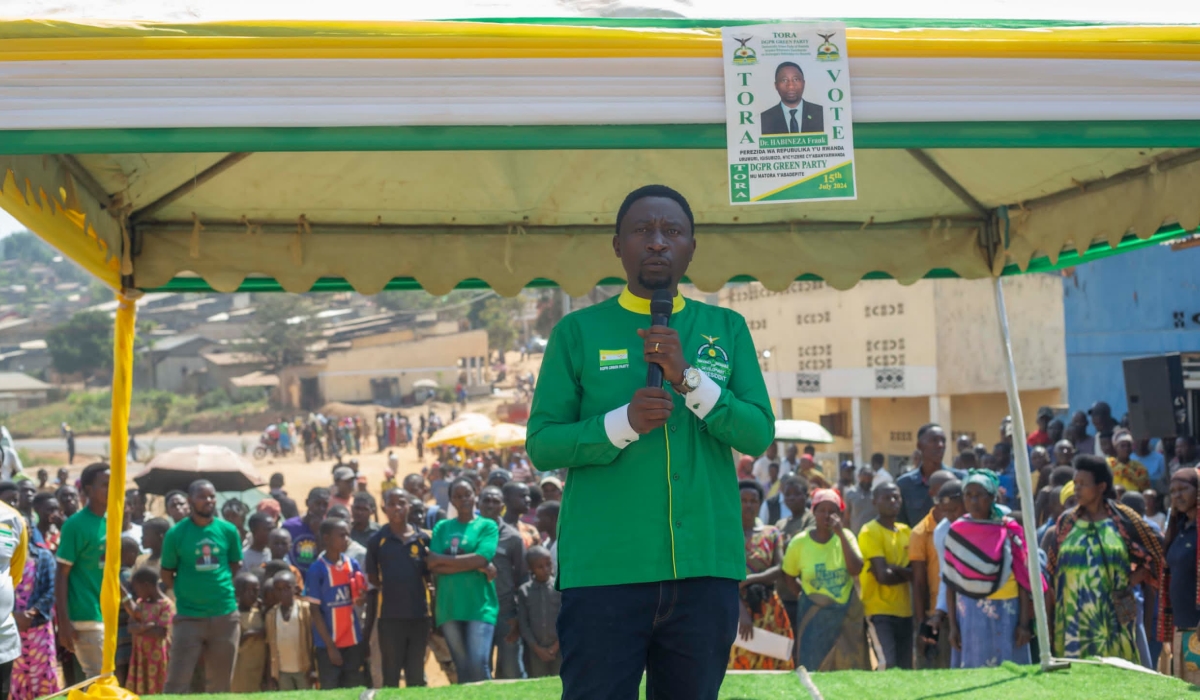 The chairperson and presidential candidate of the Democratic Green Party of Rwanda, Frank Habineza, addresses Nyanza residents on Tuesday, June 27. Courtesy