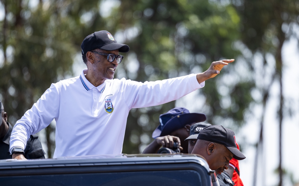RPF-Inkotanyi flagbearer and incumbent President Paul Kagame greets thousands of members during his campaign in Nyamasheke District on Saturday, June 29. Olivier Mugwiza