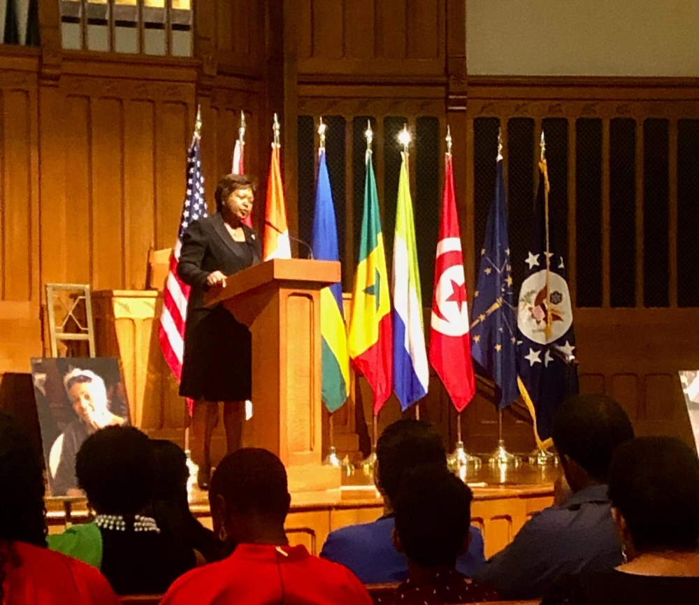 Mathilde Mukantabana, the Ambassador of Rwanda to the US speaks during the event to pay tribute to Ambassador Cynthia Shepard Perry, who served as the Honorary Consul of Rwanda in Houston, Texas. Courtesy