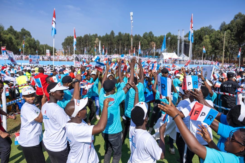Thousands of RPF Inkotranyi members welcome presidential candidate President Paul Kagame in Nyamasheke District on Saturday, June 29. Photo by Olivier Mugwiza