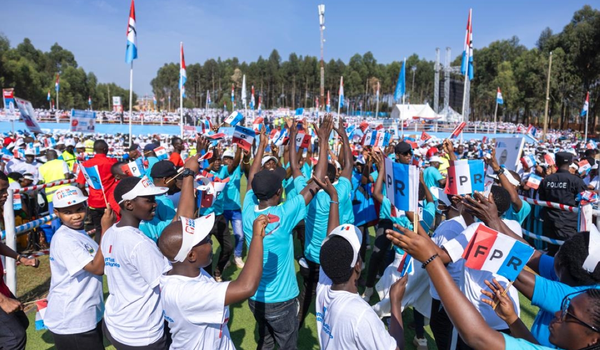 Thousands of RPF Inkotranyi members welcome presidential candidate President Paul Kagame in Nyamasheke District on Saturday, June 29. Photo by Olivier Mugwiza