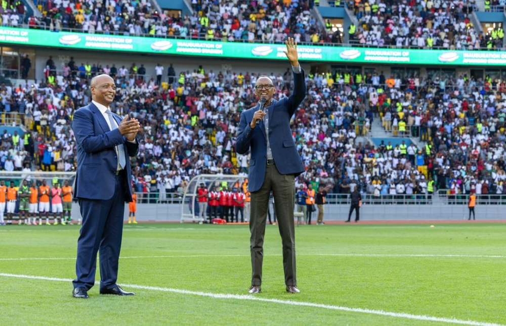 President Paul Kagame and CAF President Patrice Motsepe address thousands of football fans during the inauguration of  the newly revamped Amahoro Stadium on Monday, July 1. All photos by Olivier Mugwiza
